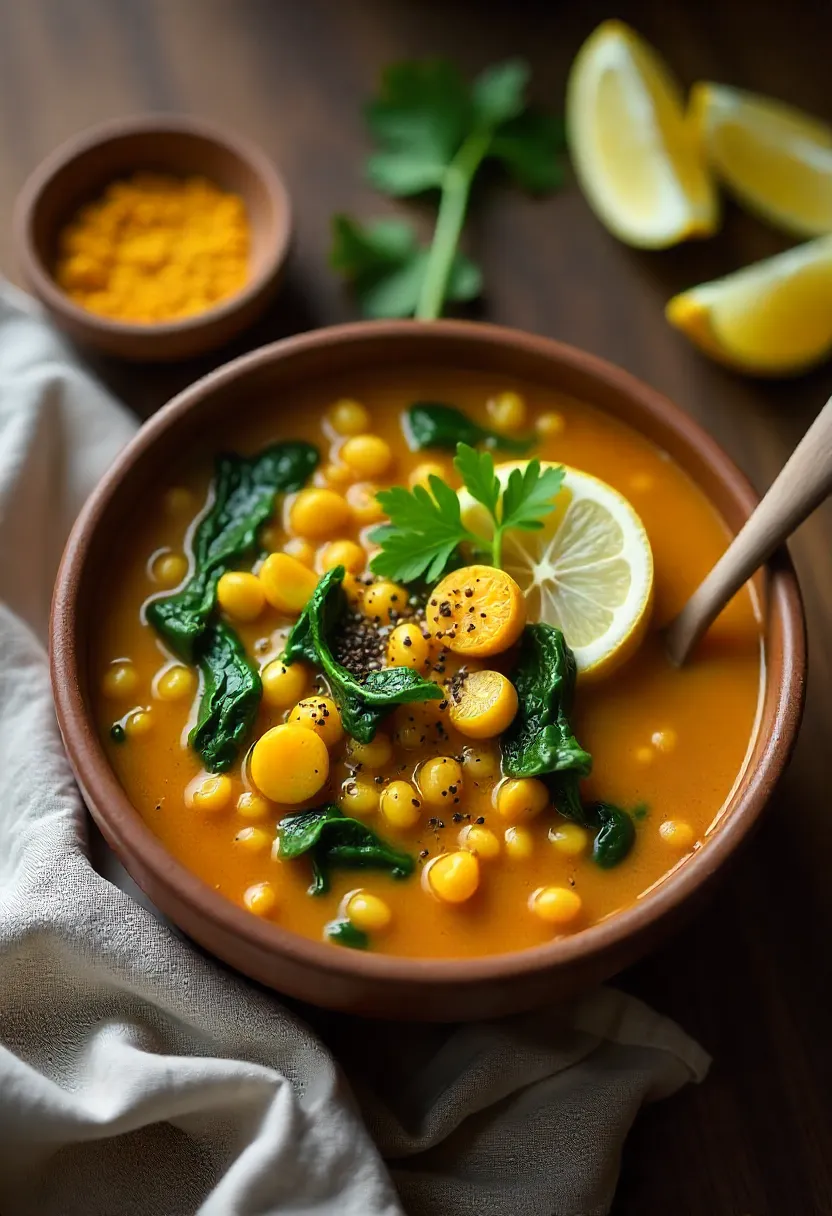 Warm lentil and spinach stew with turmeric and fresh herbs served in a rustic ceramic bowl.