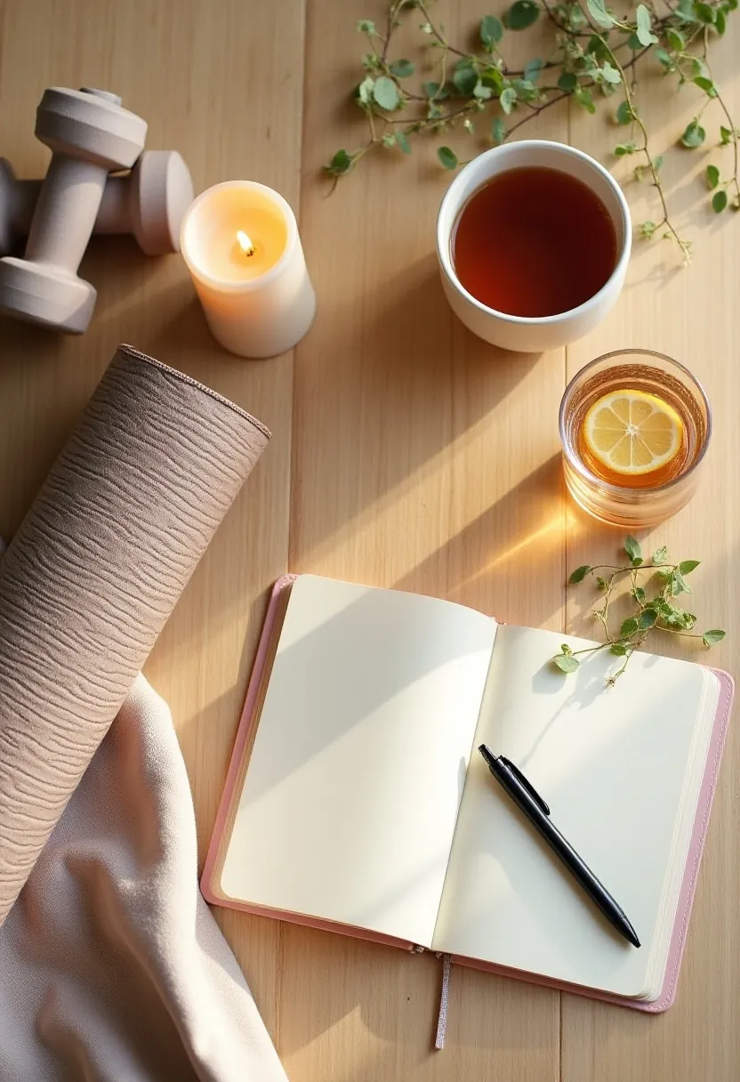 Calming flat-lay with a yoga mat, herbal tea, lemon water, candle, and journal symbolizing lifestyle habits that help lower cortisol.