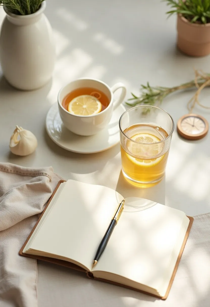 Calming flat-lay with herbal tea, lemon water, a journal, linen cloth, and greenery symbolizing habits that support a healthy pre-diabetes lifestyle.