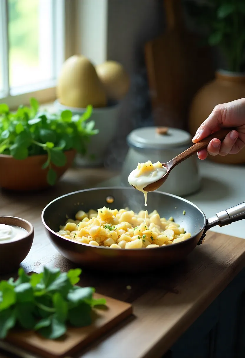 Light and wholesome curry preparation with sautéed aromatics, coconut milk, fresh greens, and yogurt or cashew cream in a bright cozy kitchen.