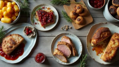 A warm flat-lay of make-ahead Christmas dishes including roast potatoes, Wellington, cranberry sauce, and mince pies on a rustic wooden table.