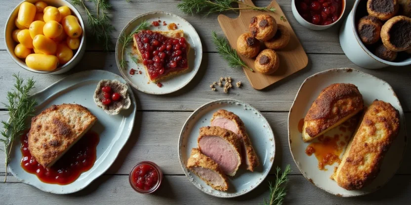 A warm flat-lay of make-ahead Christmas dishes including roast potatoes, Wellington, cranberry sauce, and mince pies on a rustic wooden table.