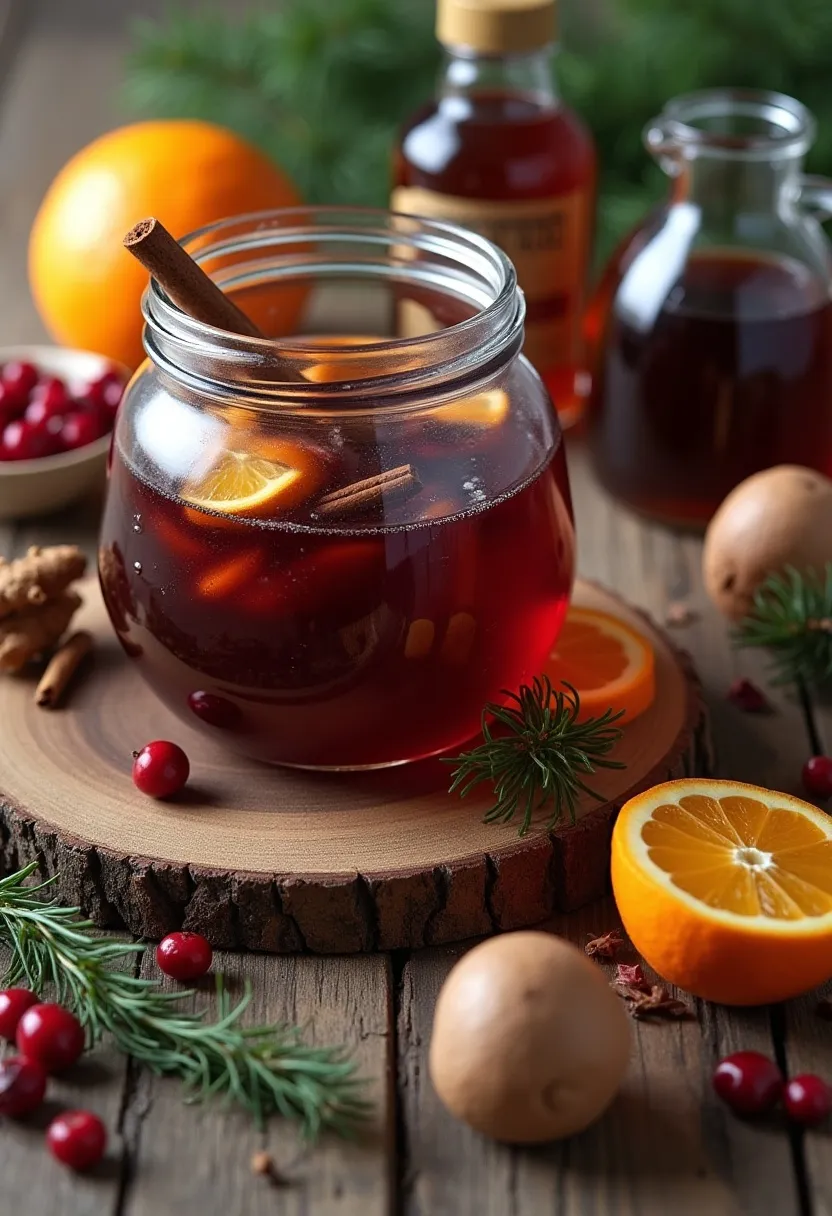 Make-ahead Christmas drinks including mulled wine base, ginger syrup, citrus slices, and hot chocolate concentrate arranged on a rustic surface.