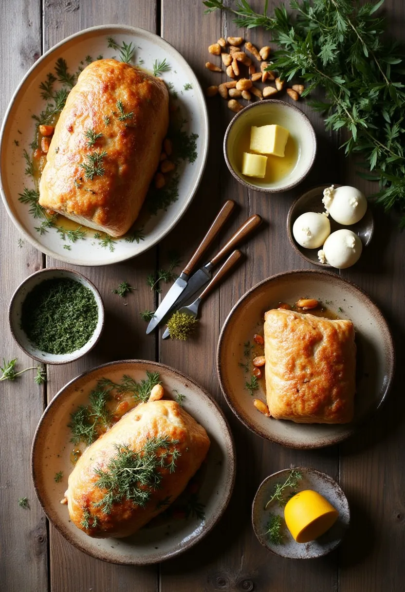 Make-ahead Christmas mains including an assembled Wellington, herb butter, and prepped aromatics arranged on a rustic wooden surface.