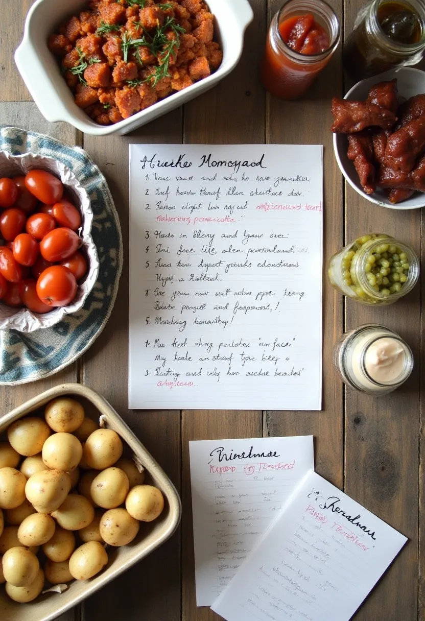 Organized make-ahead Christmas meal prep with labeled containers, sauces, parboiled potatoes, and a planning sheet on a rustic wooden table.