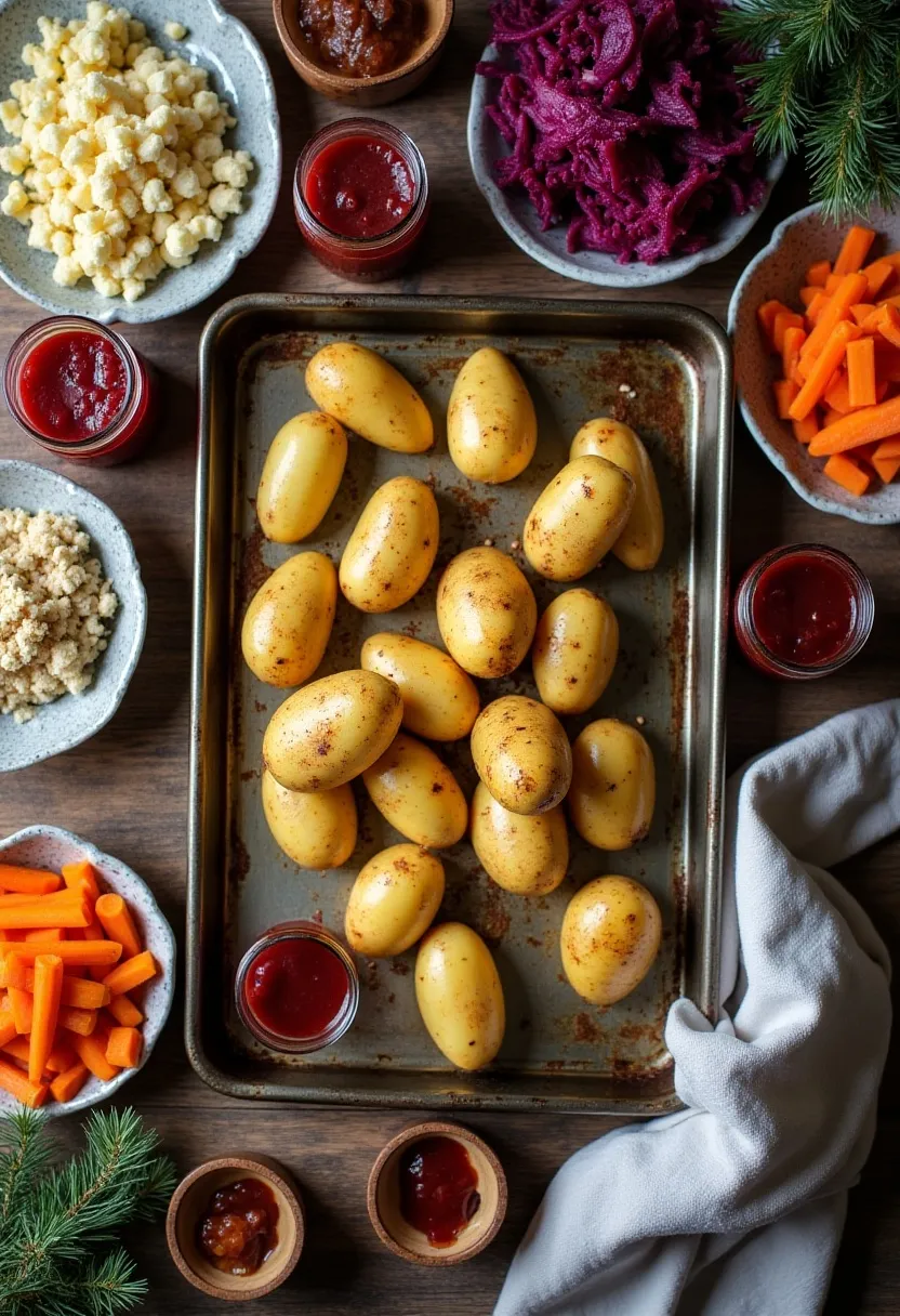 Prepared Christmas side dishes including parboiled roast potatoes, cranberry sauce, stuffing, and vegetable sides on a rustic wooden surface.