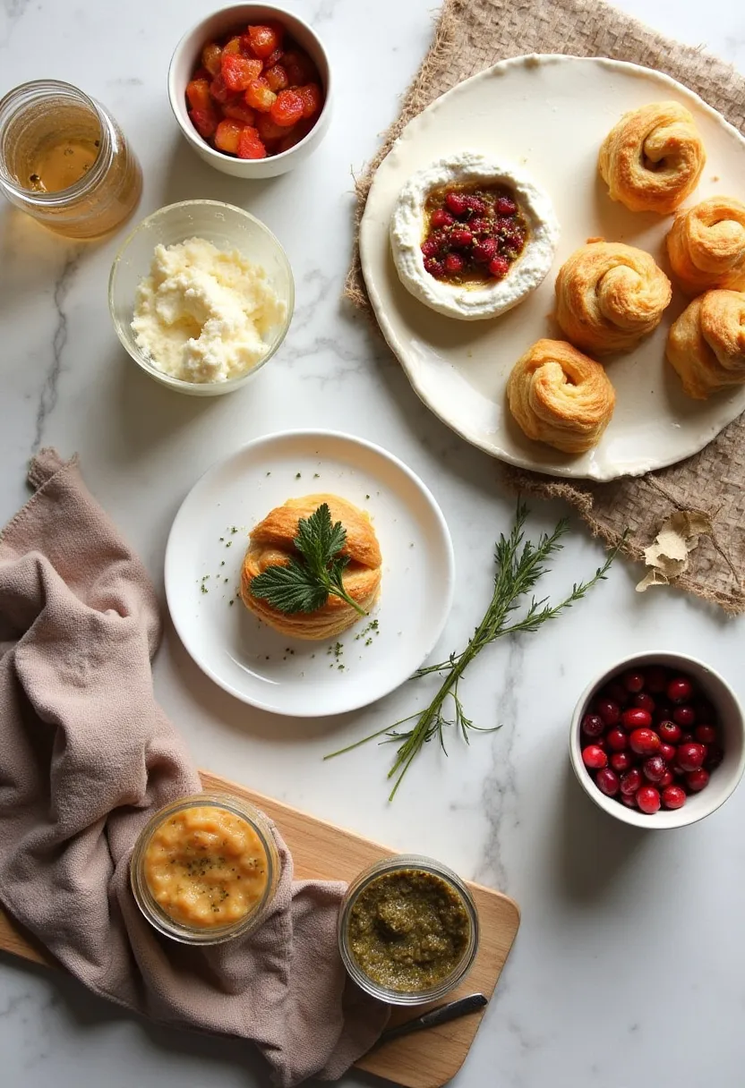 Make-ahead Christmas starters including puff-pastry bites, camembert toppings, and prepared dips arranged on a rustic board.