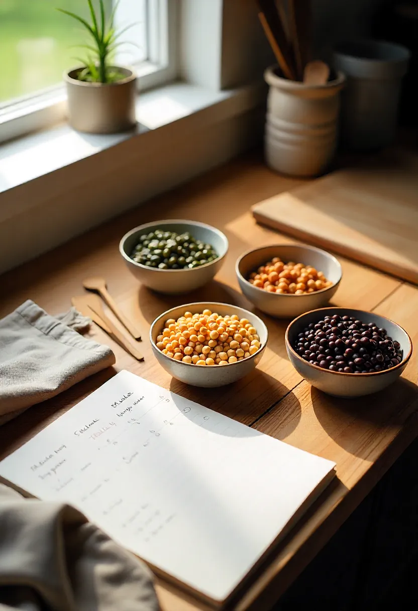 Meal prep scene with bowls of lentils, chickpeas, and beans on a wooden kitchen counter under soft natural light.