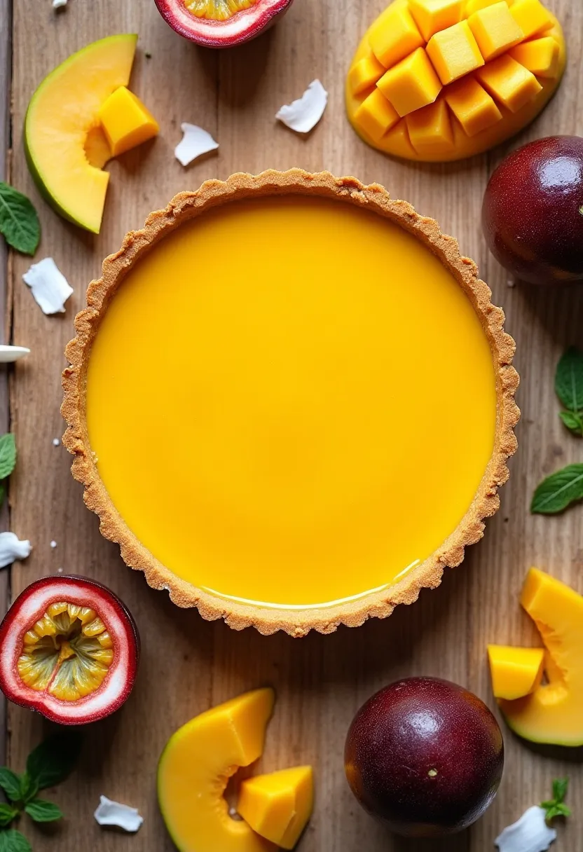 Mango and passion fruit tart with glossy golden filling on a rustic wooden surface.