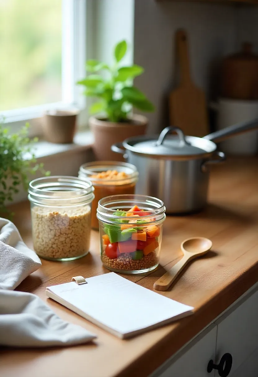 Meal prep scene with jars of grains, soup, and chopped vegetables on a rustic kitchen counter in soft morning light.
