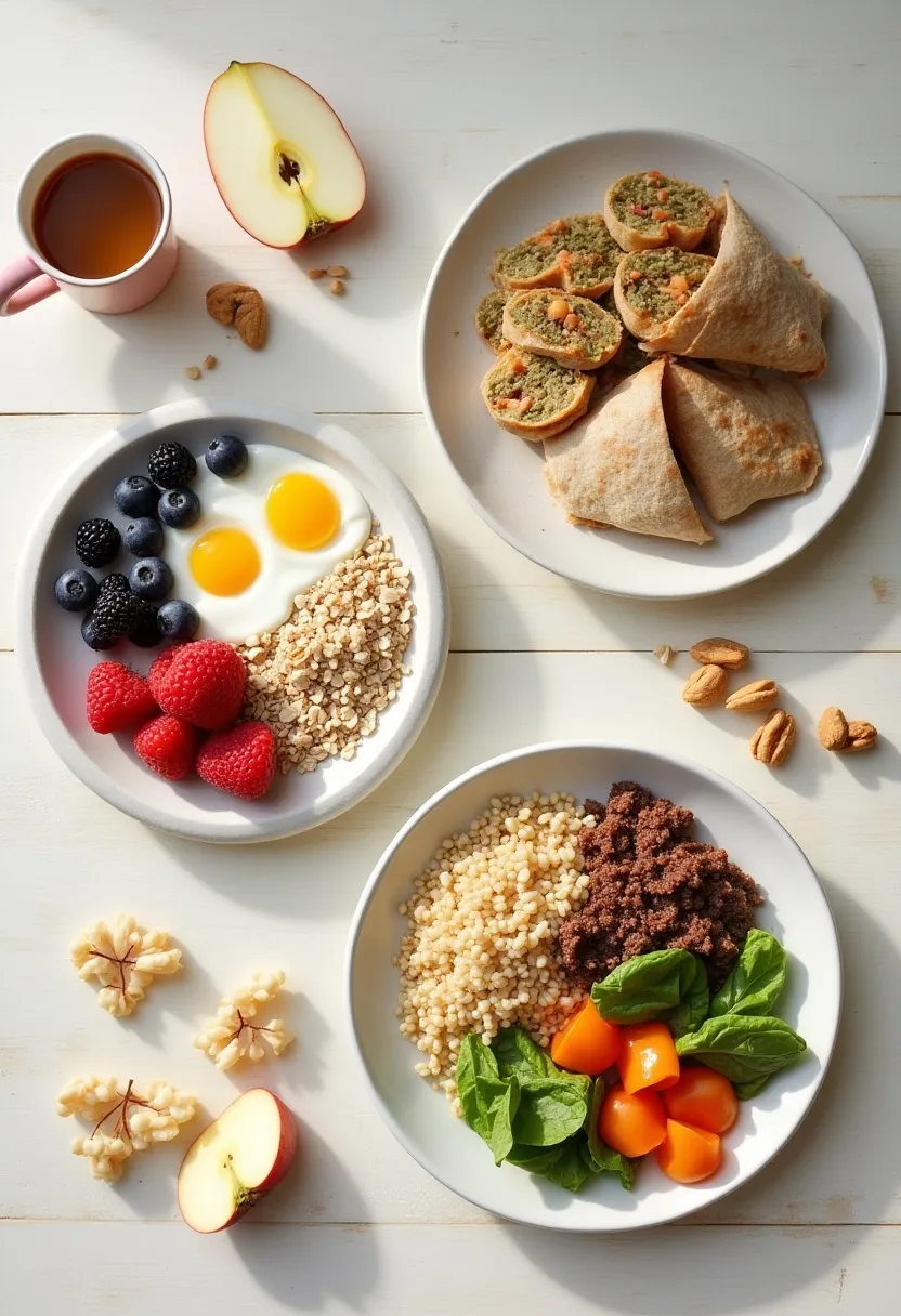 Flat-lay of balanced breakfast, lunch, dinner, and healthy snacks arranged in realistic portion sizes on a wooden surface.
