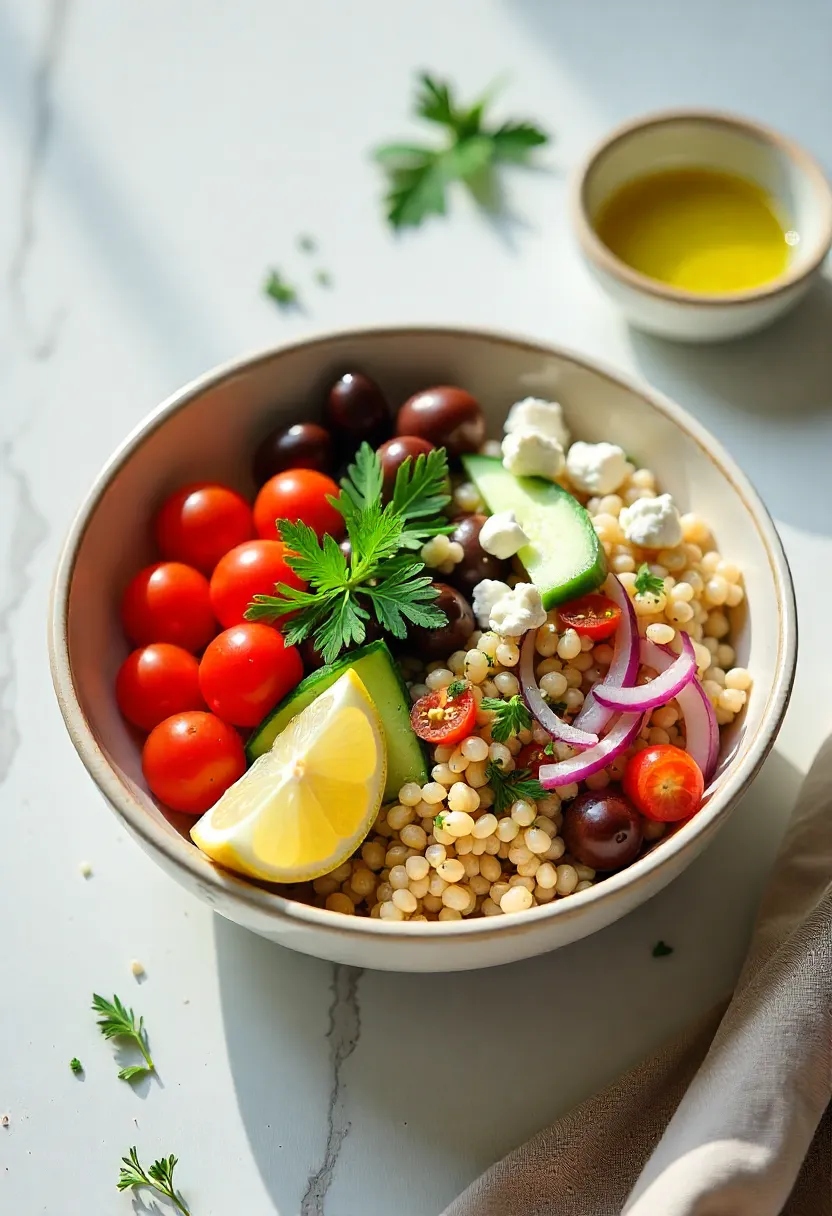 Mediterranean grain bowl with quinoa, fresh vegetables, olives, feta, and lemon-herb dressing served in a bright clean setting.