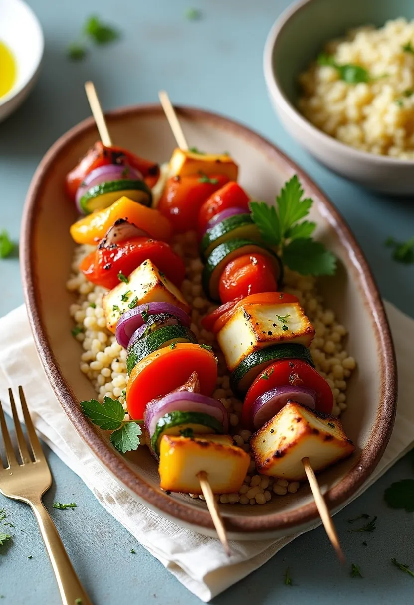 Grilled halloumi and Mediterranean vegetable skewers served over herb couscous with lemon wedges in warm natural light.