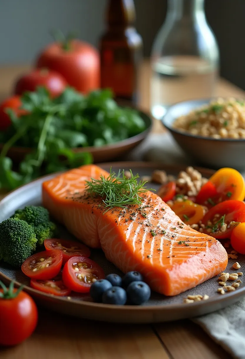 Selection of heart-healthy and nutrient-dense foods for men, including salmon, leafy greens, wholegrains, tomatoes, nuts, and berries.