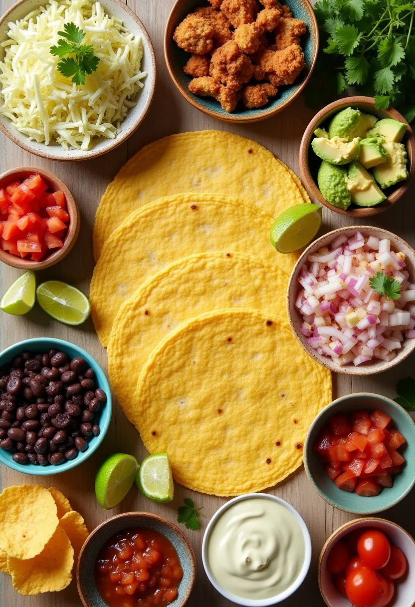Flat-lay of a colourful taco and burrito DIY spread with tortillas, fresh toppings, lime, avocado, salsa, and seasoned filling.