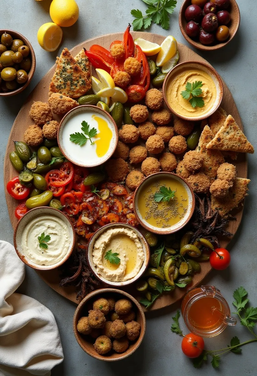 Flat-lay of a colourful Middle Eastern mezze platter with hummus, falafel, pita, olives, salad, and roasted vegetables.