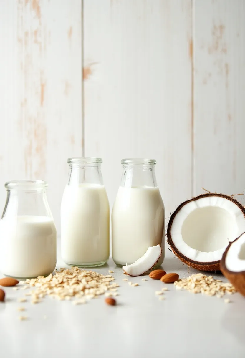 Clean flat-lay of oat, soy, almond, and coconut milks with their ingredient cues on a light natural surface.