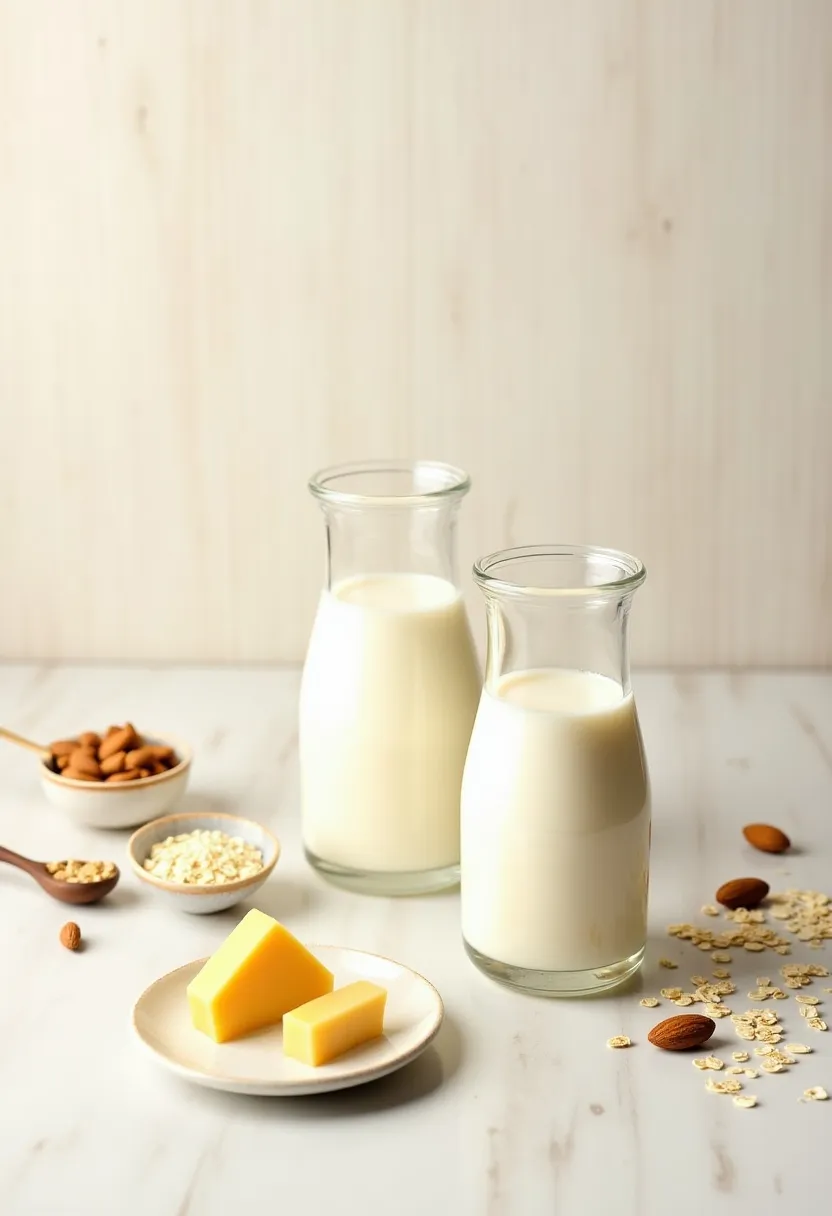 Soft flat-lay of dairy and plant-based milks arranged together with oats, almonds, yogurt, and cheese to represent mixed opinions about milk.