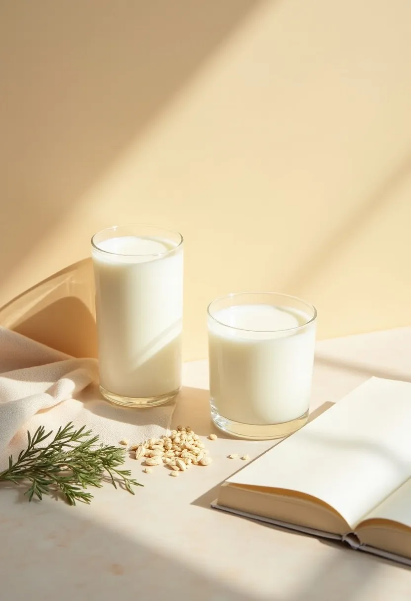 Warm minimal flat-lay with dairy milk, plant milk, and a soft linen cloth symbolizing a calm, balanced approach to milk.