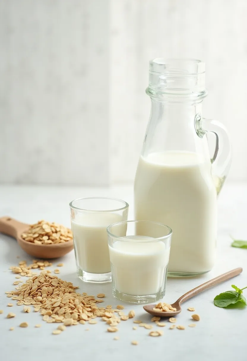 Bright flat-lay of milk with almonds, oats, yogurt, sunflower seeds, and spinach symbolizing the nutrients found in milk.