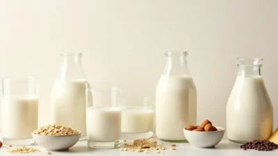 Warm flat-lay of dairy milk and plant-based milk alternatives arranged with oats, almonds, soybeans, and yogurt on a natural surface.