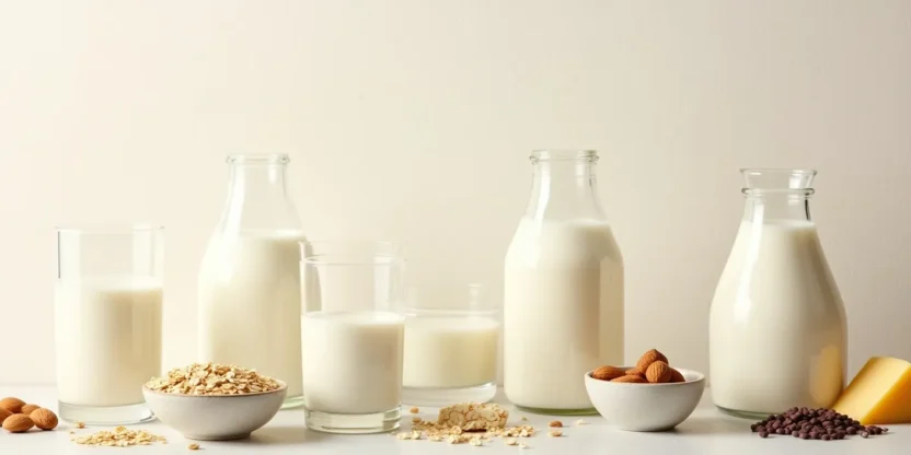 Warm flat-lay of dairy milk and plant-based milk alternatives arranged with oats, almonds, soybeans, and yogurt on a natural surface.