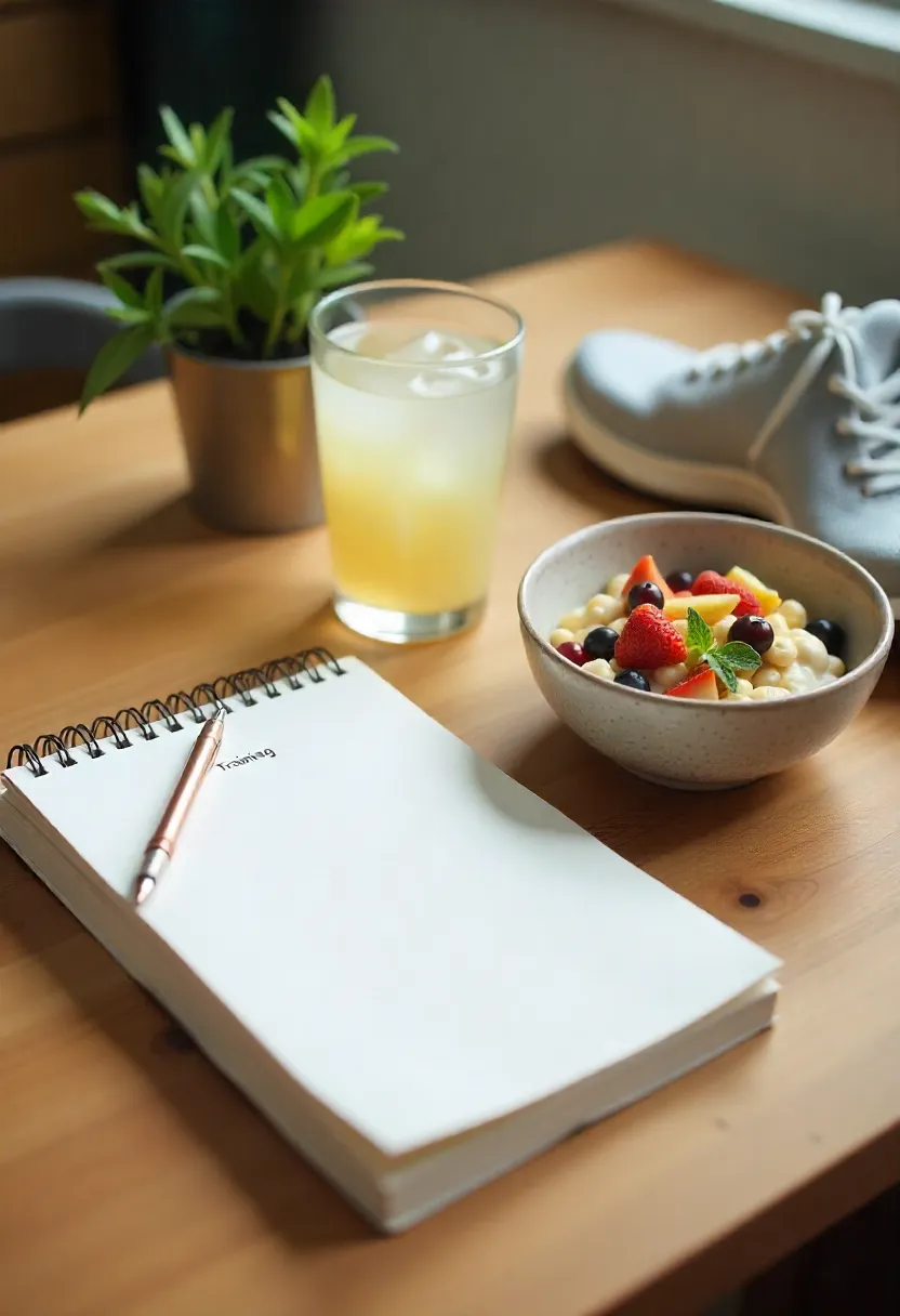 Mindful runner setup with journal, healthy meal, water, and running shoes on a bright kitchen table symbolizing tuning nutrition to personal goals.