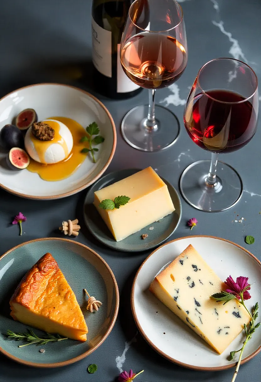 Contemporary wine and cheese board with burrata and figs, truffle cheese with red wine, aged gouda with Malbec, smoked cheese with Riesling, and blue cheese with sweet wine.