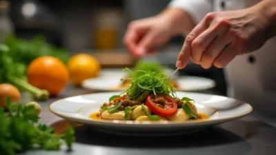 A chef preparing a dish in a modern restaurant kitchen, from fresh ingredients to elegant plated meal, captured in warm cinematic light.