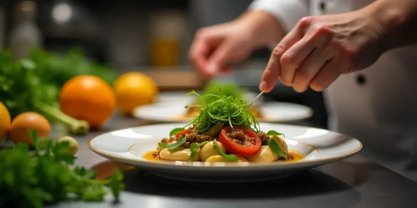 A chef preparing a dish in a modern restaurant kitchen, from fresh ingredients to elegant plated meal, captured in warm cinematic light.