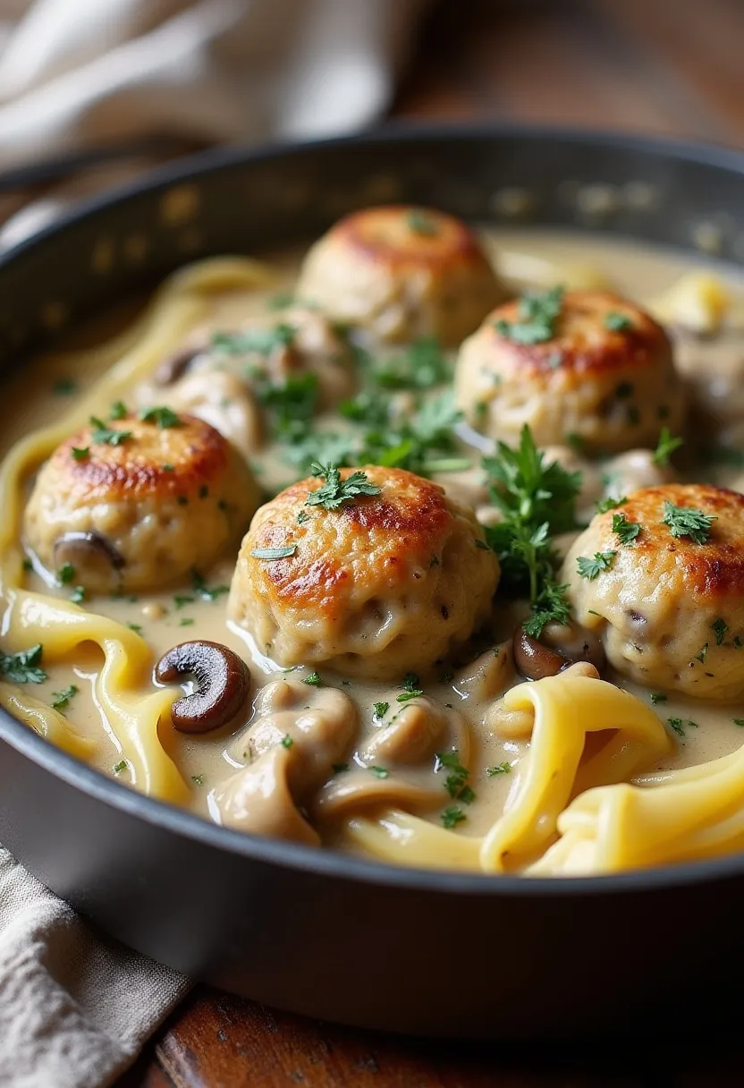 Creamy mushroom and spinach ‘meatball’ stroganoff served over noodles with fresh herbs.