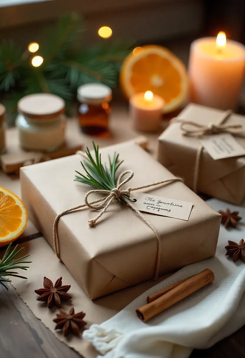 Natural Christmas gift packaging with kraft paper, twine, dried oranges, herbs, jars, and candles arranged in a cozy rustic holiday setting.