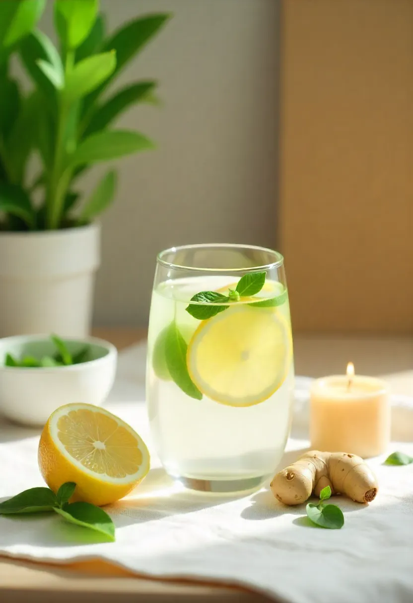 Natural detox concept with lemon water, fresh herbs, and ginger arranged on a soft neutral surface to symbolize gentle body cleansing.