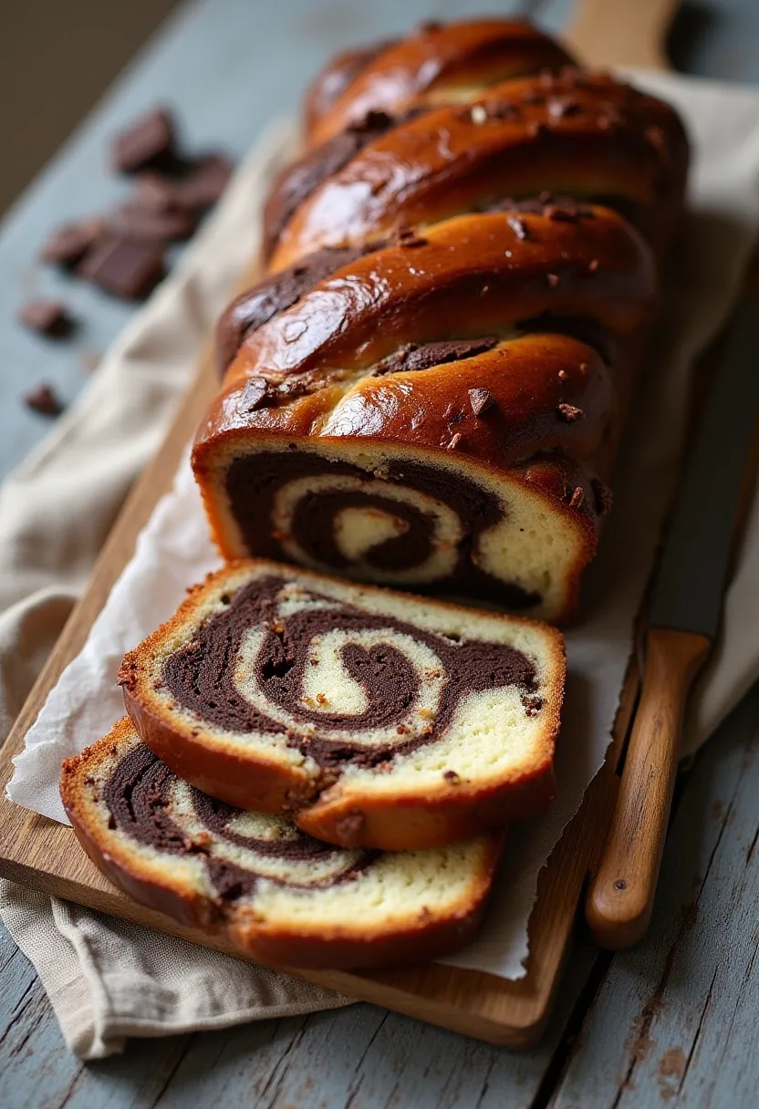 Chocolate babka loaf with rich swirled filling, sliced on a rustic wooden surface.