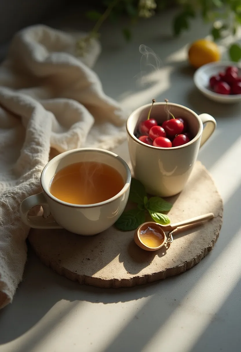 Soft nighttime flat-lay of herbal tea with a bowl of kiwi or cherries, styled to create a calming evening snack mood.