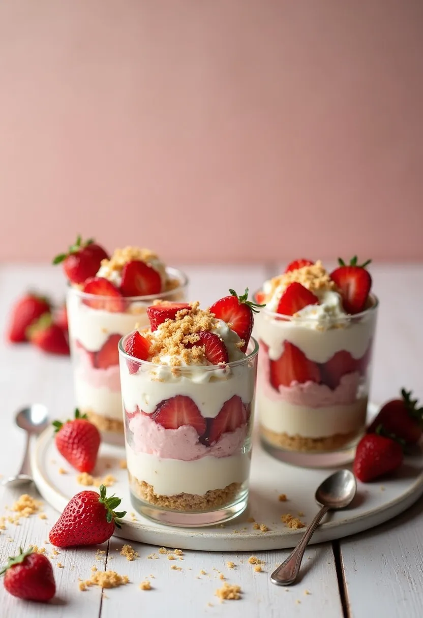Layered strawberry cheesecake sundaes with cream, berries, and cookie crumbs in clear glasses on a rustic surface.