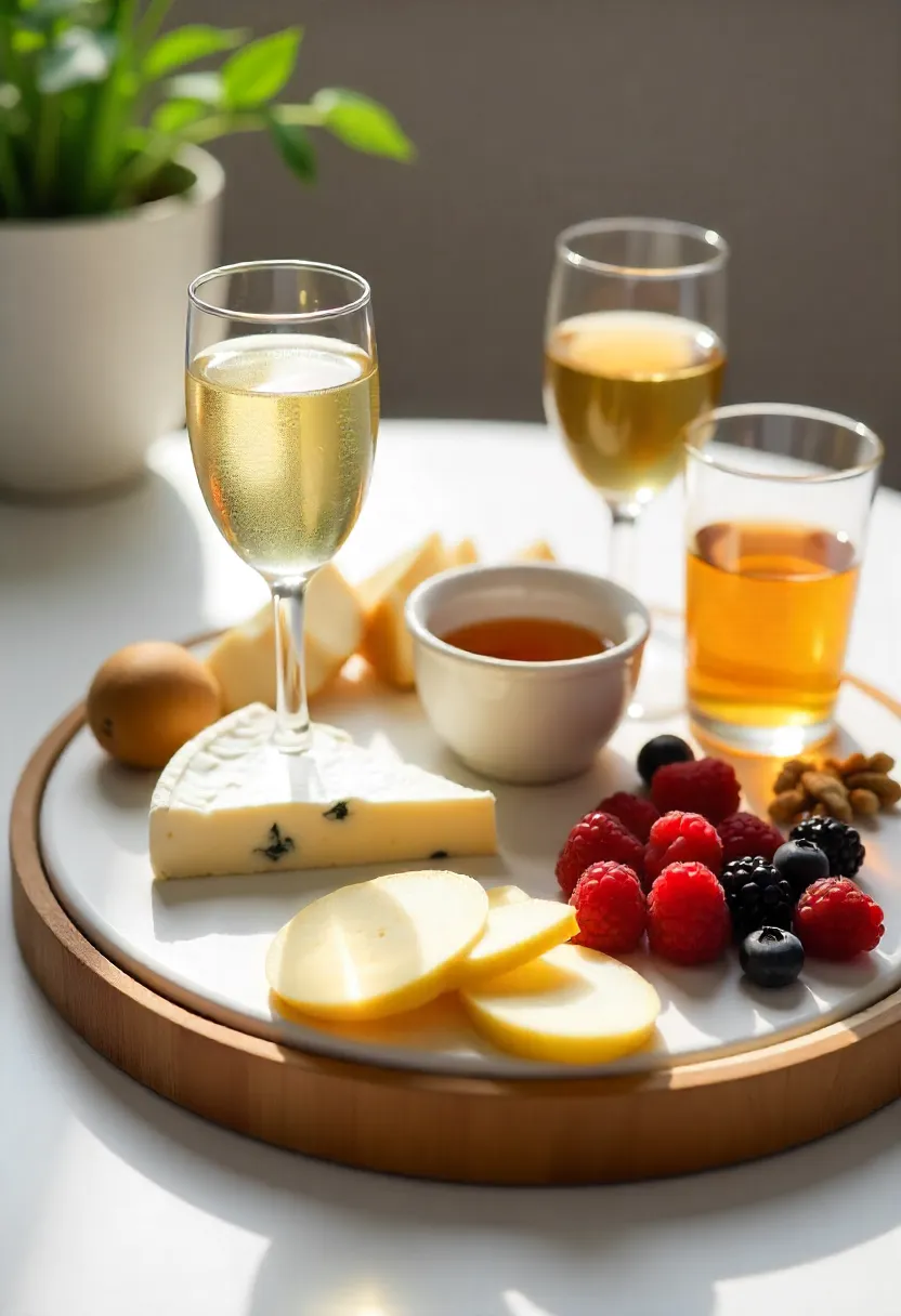 Non-alcoholic pairing board with sparkling grape juice, pear juice, herbal tea, kombucha, and assorted cheeses with fruit and nuts.