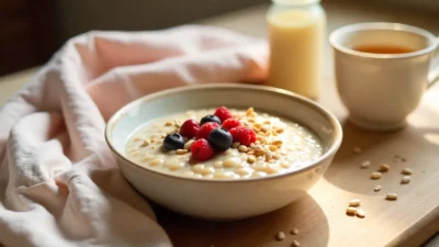 Cozy breakfast scene with porridge, berries, and tea on a rustic table in warm natural light, evoking nourishment and calm for new mums.