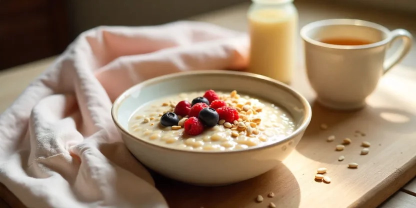 Cozy breakfast scene with porridge, berries, and tea on a rustic table in warm natural light, evoking nourishment and calm for new mums.