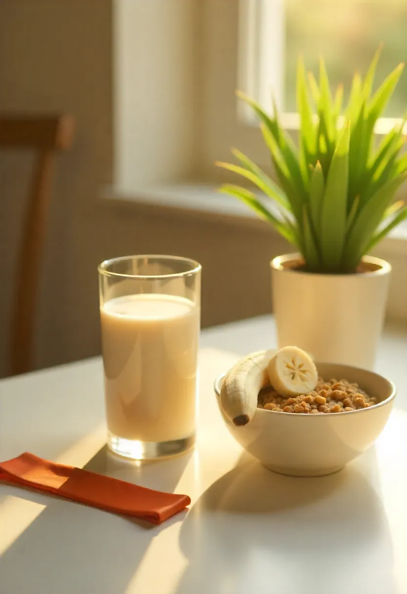 Protein smoothie, oatmeal bowl, and small weights in soft morning light symbolizing healthy, confident weight gain and nourishment.