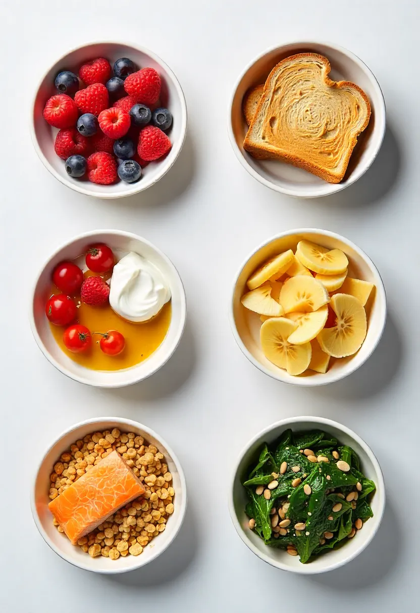 Flat-lay of balanced meals for runners including oats, toast with banana, pasta, and a protein bowl, representing nutrition for different training days.