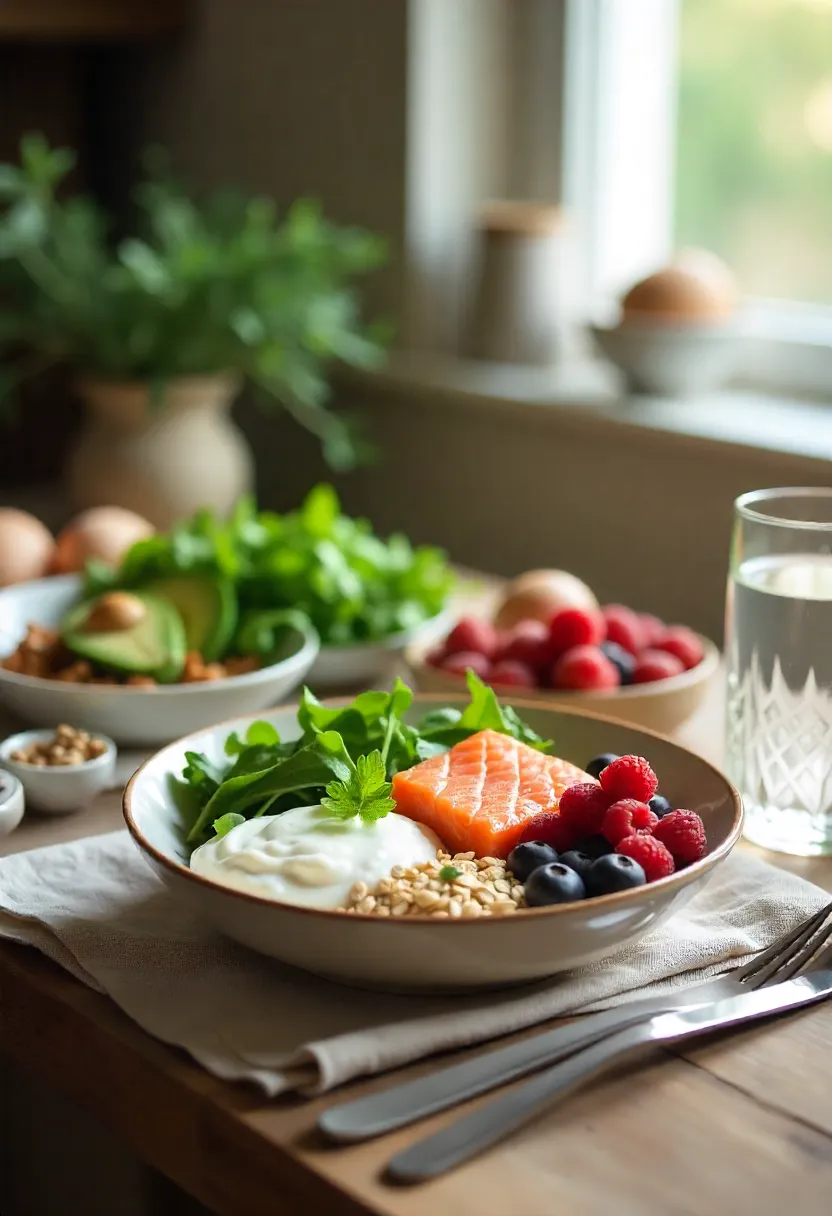 Wholesome ingredients for new mums — eggs, salmon, greens, oats, and berries on a rustic kitchen table in warm natural light.