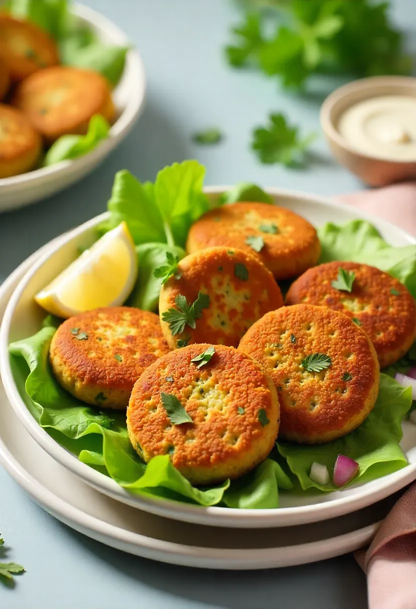 Oven-baked falafel served with fresh greens, cucumber, tomato, herbs, and tahini sauce on a bright healthy table setting.