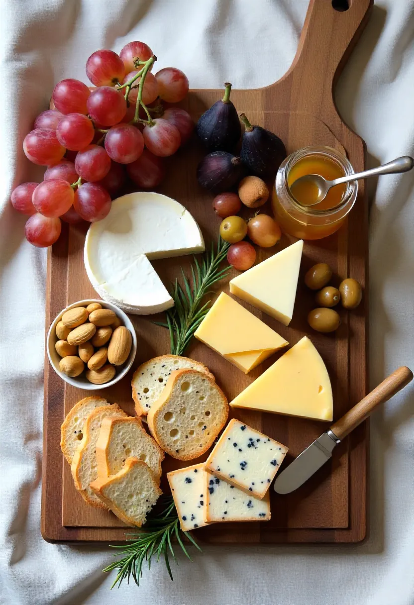 Artisan cheese board with brie, cheddar, manchego, goat cheese, blue cheese, figs, grapes, nuts, honey, olives, and bread on a rustic wooden board.