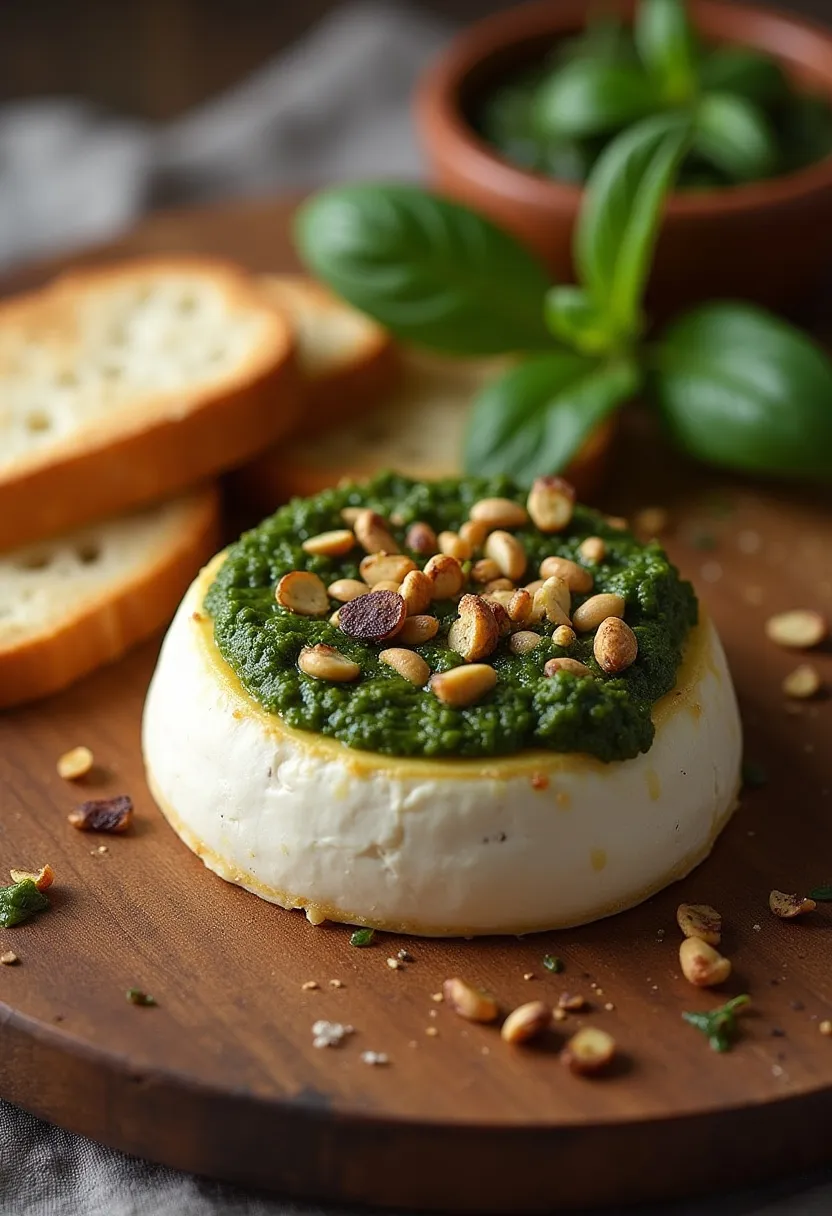 Baked Camembert topped with basil pesto and toasted pine nuts on a rustic surface.