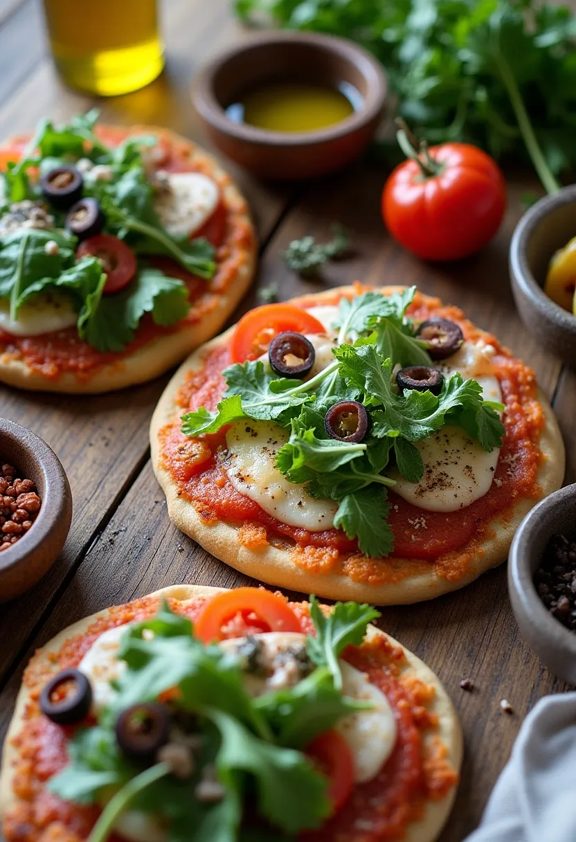 Crispy pizza salad flatbreads topped with fresh greens, tomatoes, and olives on a rustic board.
