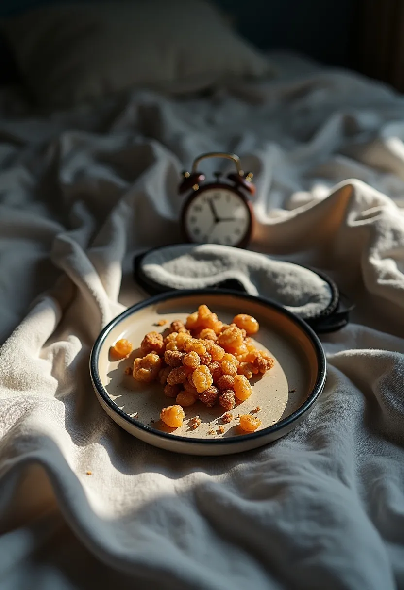 Flat-lay of an unfinished meal and a sleep mask, symbolizing disrupted meal timing from poor sleep.