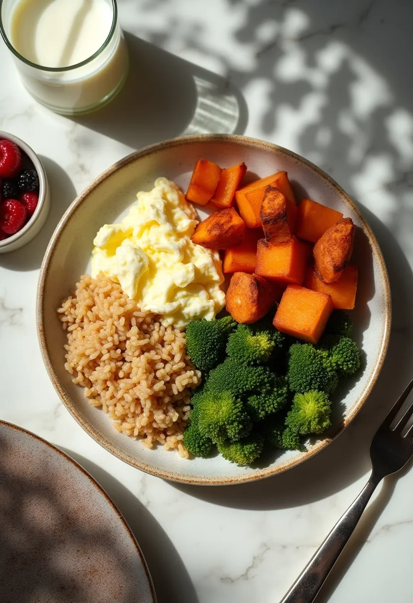Balanced post-workout meal with lean protein, wholegrain carbs, vegetables, and a small yoghurt or milk on the side.