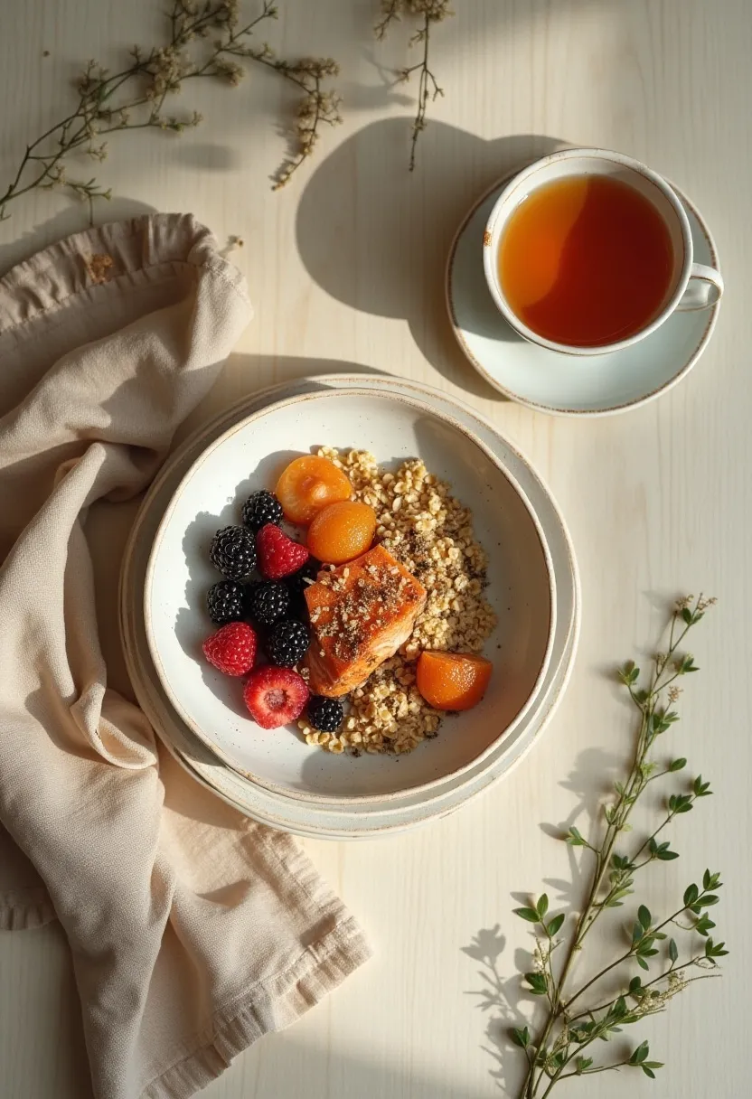 Warm, calming flat-lay with a nourishing meal, herbal tea, and soft natural light symbolizing a hopeful, empowering approach to pre-diabetes.
