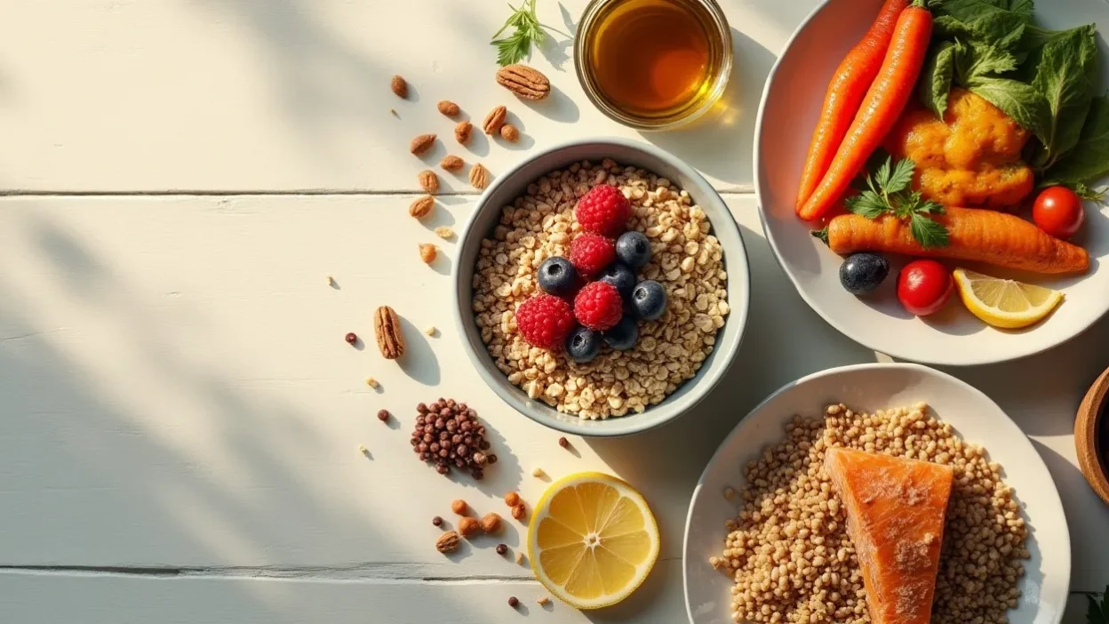 Flat-lay of balanced pre-diabetes–friendly foods including oats with berries, roasted vegetables, lean protein, wholegrains, fruit, and nuts.